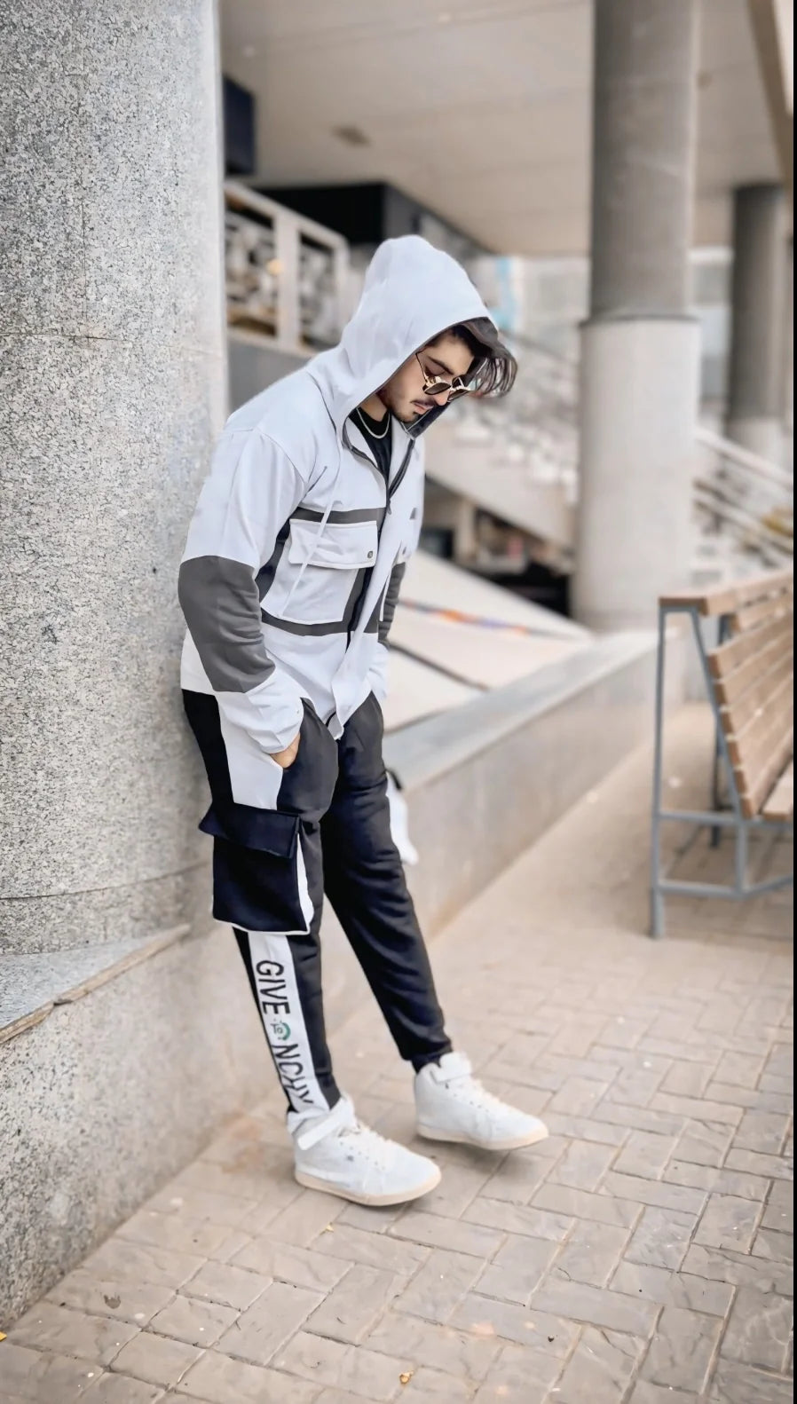 Stylish Cargo Front Double Pocket Winter Tracksuit (WHITE) (2 PCS Hoodie + Trouser)