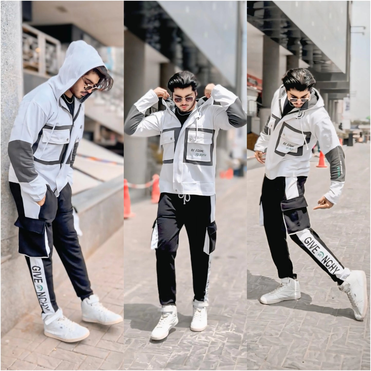 Stylish Cargo Front Double Pocket Winter Tracksuit (WHITE) (2 PCS Hoodie + Trouser)