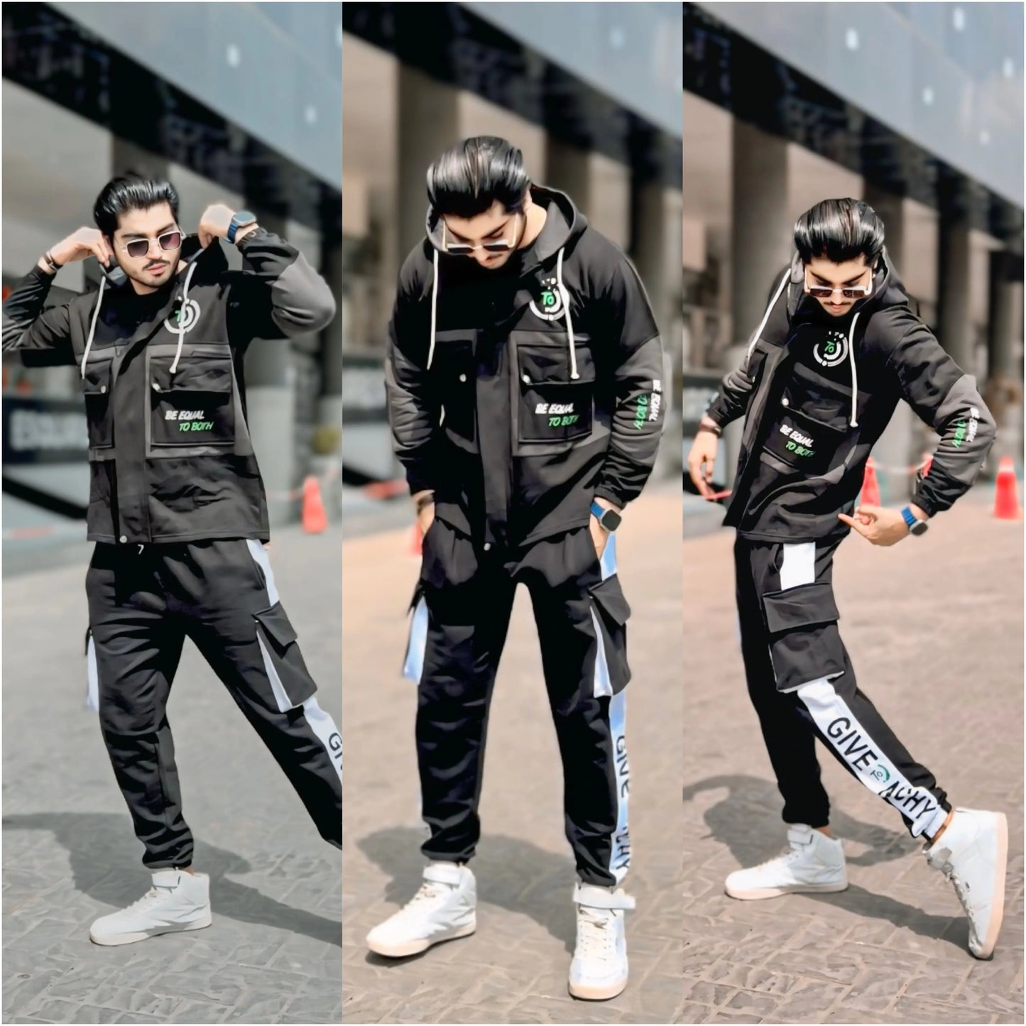 Stylish Cargo Front Double Pocket Winter Tracksuit (BLACK) (2 PCS Hoodie + Trouser)